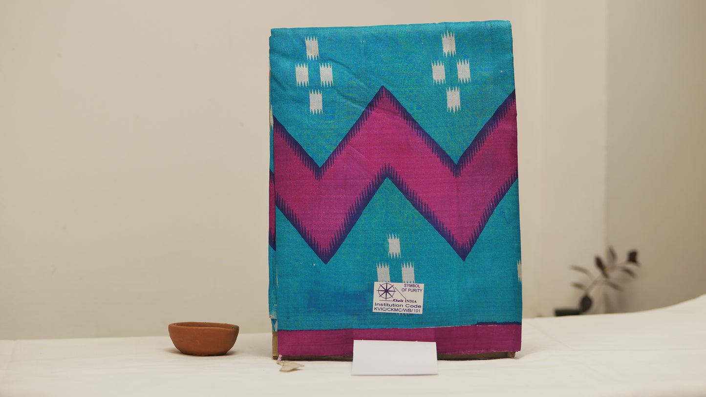 Blue Khadi Silk Saree with Cyan Border & Printed Design