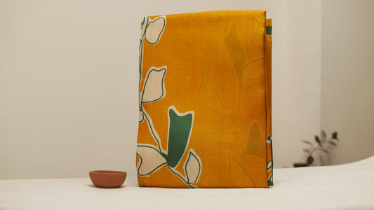 Golden Yellow Khadi Silk Saree with Bold Printed Motifs