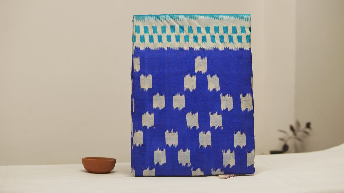 Blue Khadi Silk Saree with Cyan Border & Printed Design