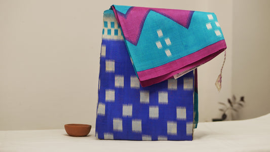 Blue Khadi Silk Saree with Cyan Border & Printed Design