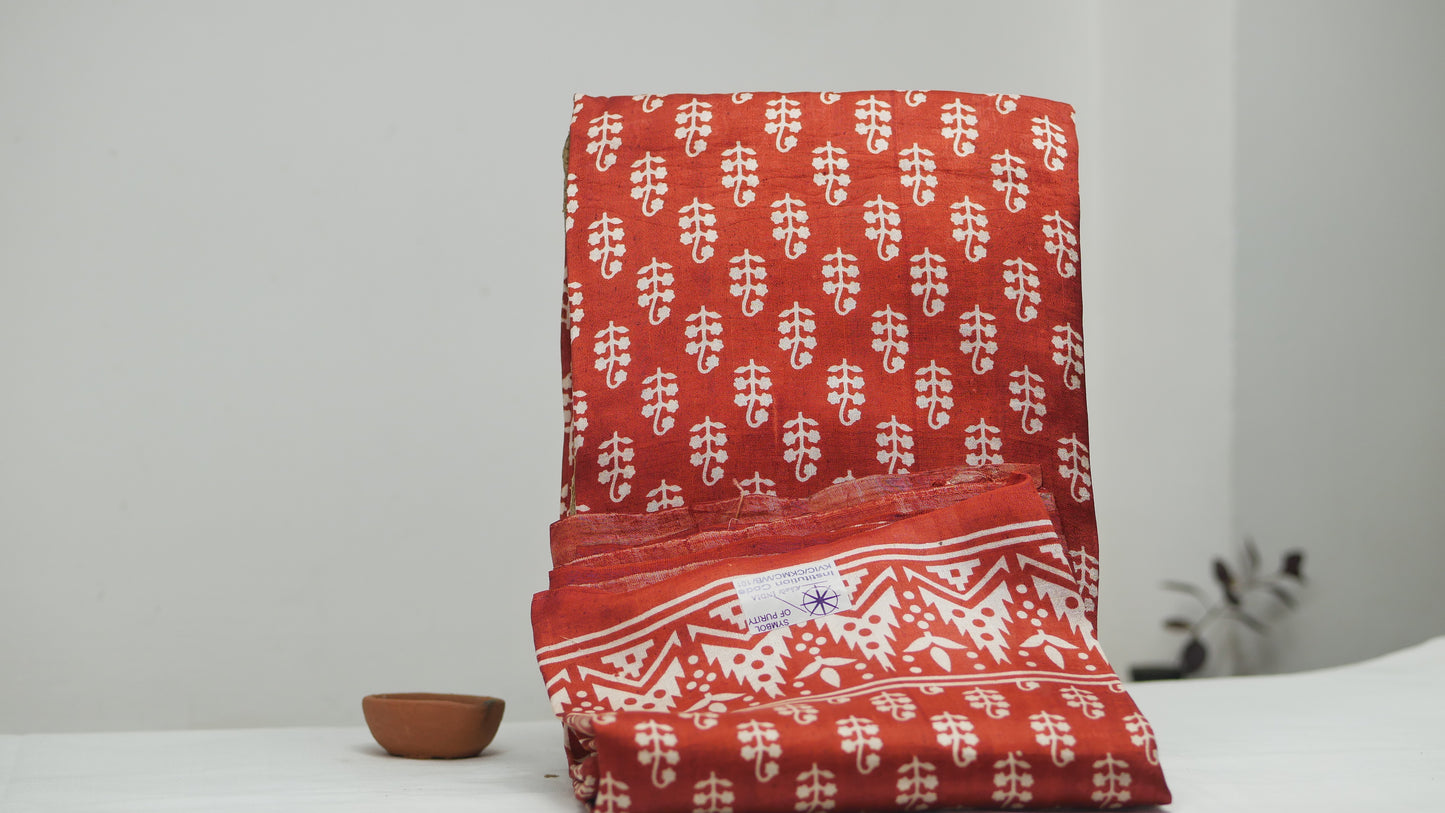 Red Khadi Printed Saree with White Floral Motifs