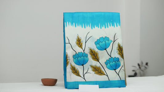 Cyan and White Khadi Silk Saree with Bold Floral & Leaf Prints