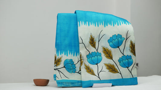 Cyan and White Khadi Silk Saree with Bold Floral & Leaf Prints